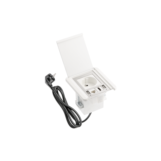 VGRADNA VTIČNICA ZPREKLOPNI POKROV , 1x FRANCOSKA VTIČNICA , 2xUSB A RJ45, KABEL 1.5m, BELA