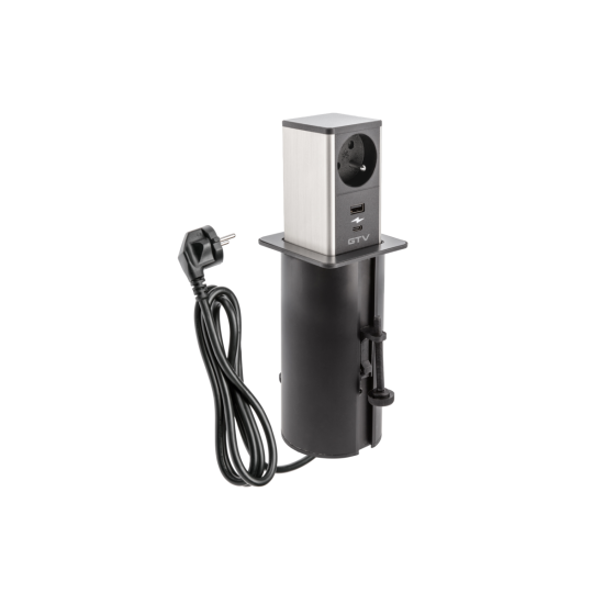 Tower IZVLEČNA  VGRADNA VTIČNICA , 1x FRANCOSKA VTIČNICA , 1xUSB A, 1xUSB C, KABEL 1.5m, ČRNA , INOX cap