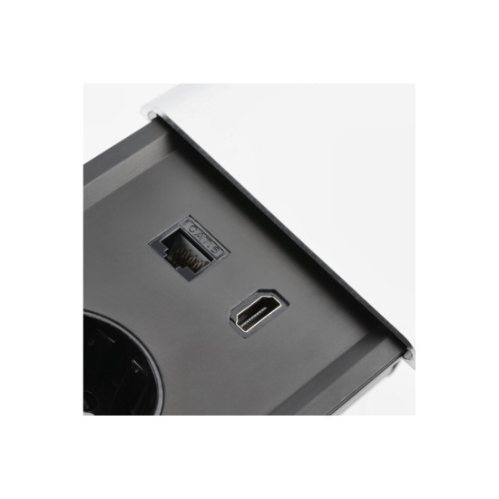 PRESTINO uvučeni stolni produžni kabel, 2x francuska utičnica, USB A+C, RJ45, HDMI, kabel 1,5m, srebro