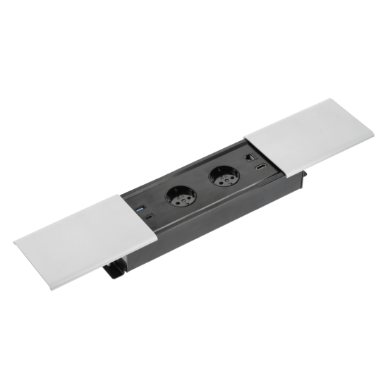 PRESTINO uvučeni stolni produžni kabel, 2x schuko utičnica, USB A+C, RJ45, HDMI, kabel 1,5m, srebro