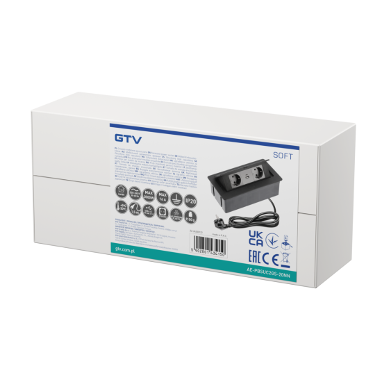 VGRADNA VTIČNICA  SOFT, 2xSHUKO, USB A+С, KABEL 1.5 m, ČRNA