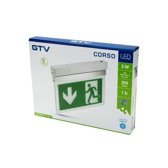 Hitna rasvjeta CORSO-1, LED, 3W, 300lm, 6400K, AC220-240V, IP20, 1h, dual-task, TEST