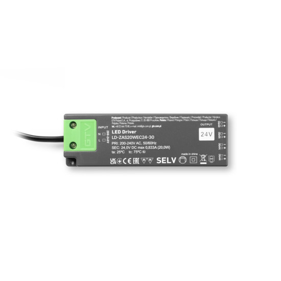 LED NAPAJANJE SLIM EASY CLICK 24V, 20W ,ulaz 220-240VAC, IP20, dimenzije 129x42x16 mm s mini pojačalom i kabelom