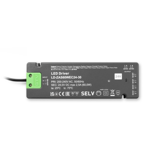 LED NAPAJANJE SLIM EASY CLICK 24V, 60W, ulaz 220-240VAC, IP20, DIM.190x62x21 mm s mini pojačalom i kabelom