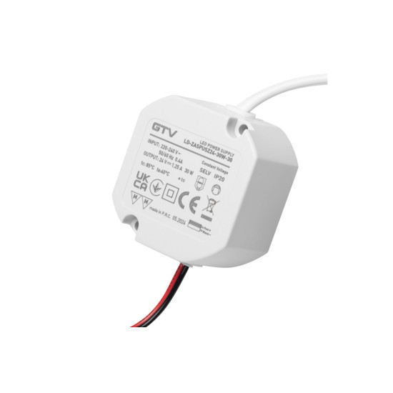 Može LED napajanje 24V, 30W, ulaz 220-240VAC, IP20, dim. 59x59x28 mm sa žicama od 200mm