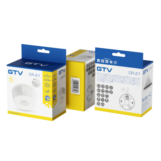 SENZOR GIBANJA CR-21, max. 2000 W, KOT ZAZNAVANJA 360°, RAZDALJA 30 m ± 2.2-4 m, IP20, BELA