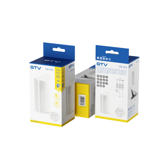 Senzor pokreta CR-23 PET, max.1200W, AC220-240V, kontaktni kut 120*, domet 12m, ± 1.8-2.2m, IP65