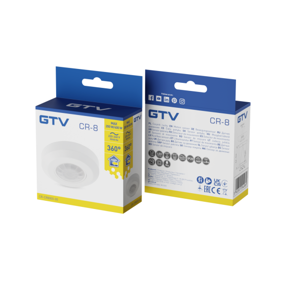 Senzor pokreta CR-8,max. 2000W, AC220-240V, 50/60Hz,360°, max.8m ,IP20