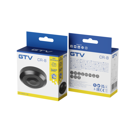 CR-8 senzor pokreta, maksimalno 200W, AC220-240V, kut od 360°, domet 8m, IP20, crna