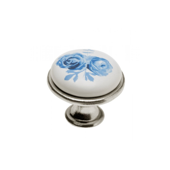 Porculanska gumb ručka, plava ruža, srebro , WP-0728 J4 A
