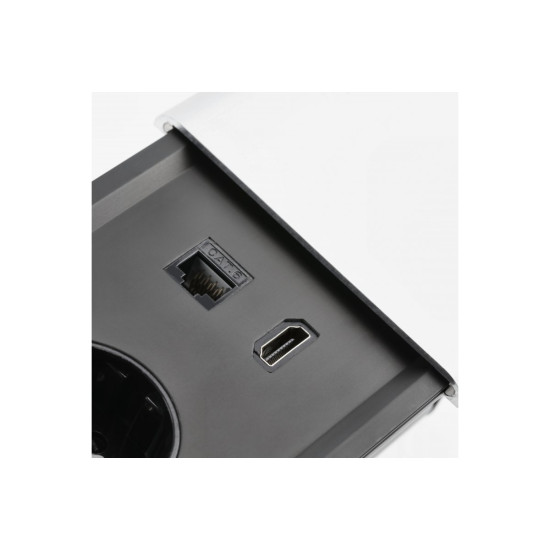 PRESTINO potopni namizni podaljšek, 2x schuko vtičnica, USB A+C, RJ45, HDMI, kabel 1,5m, srebrna